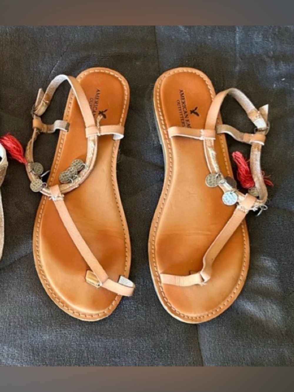 American Eagle Outfitters Tan Strappy T‑Bar Coin Accent Sandals